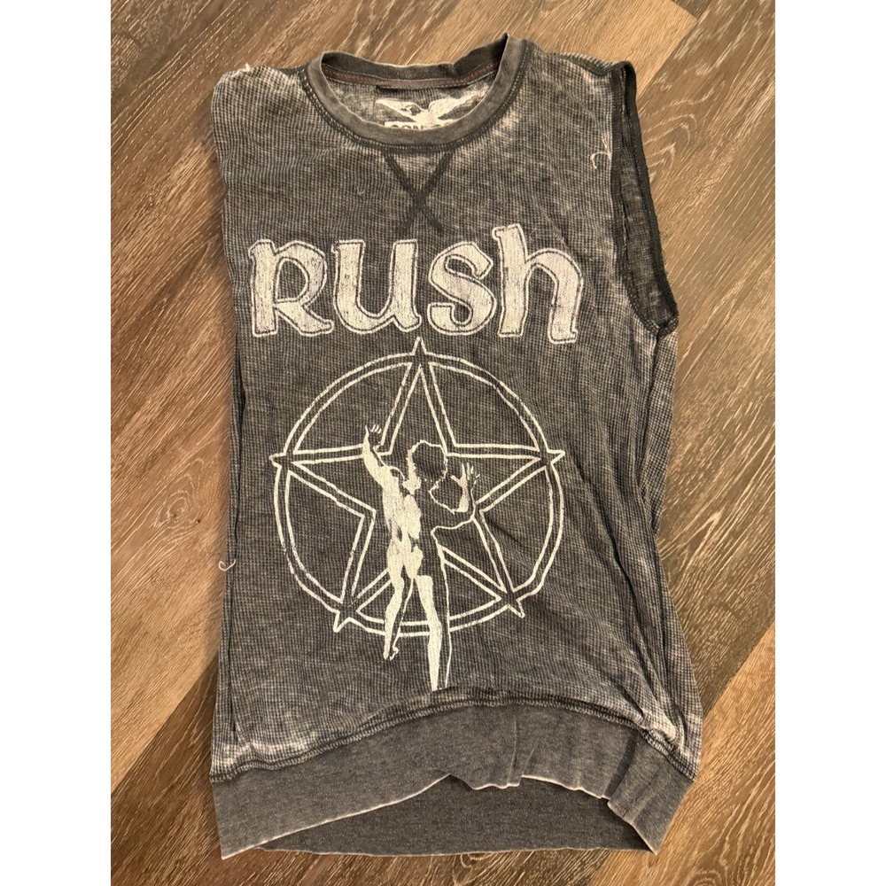 Rush Band Graphic Tank Top Small Charcoal Grey Waffle Knit Tee vintage‎ Y2K